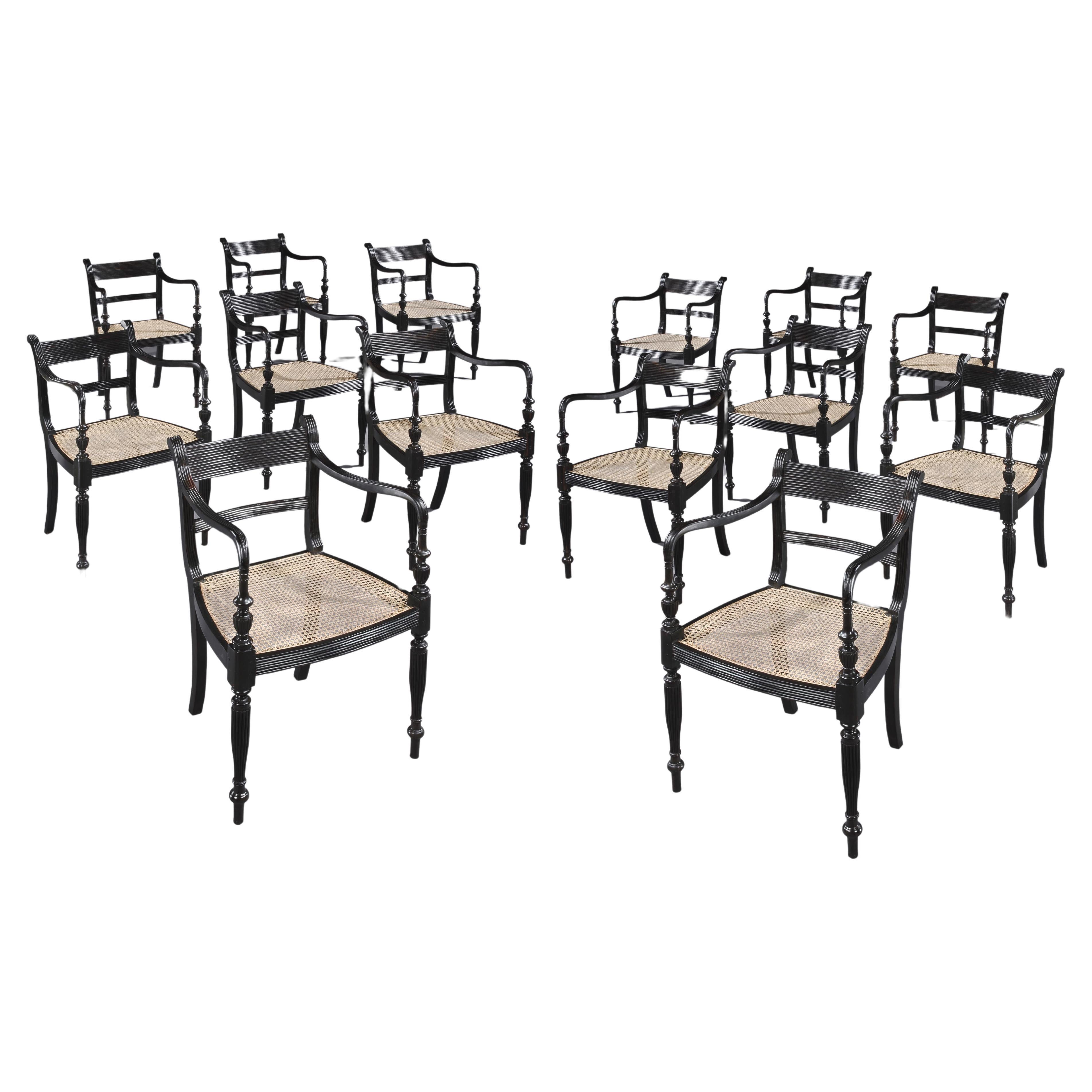 Set of Fourteen Anglo Indian Regency Ebony Armchairs