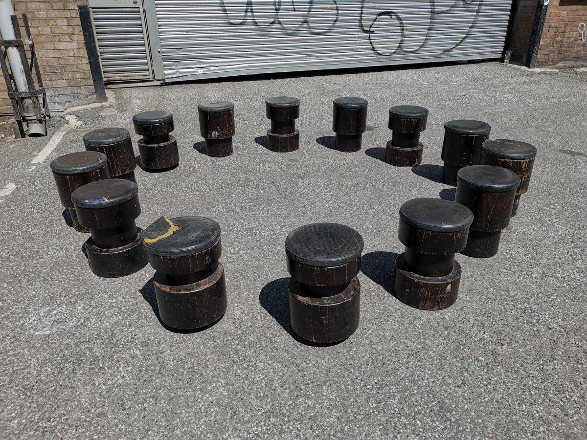 English Set of Fourteen Mid-Century Modern Wooden Cafe/Bar Stools of Differing Designs For Sale