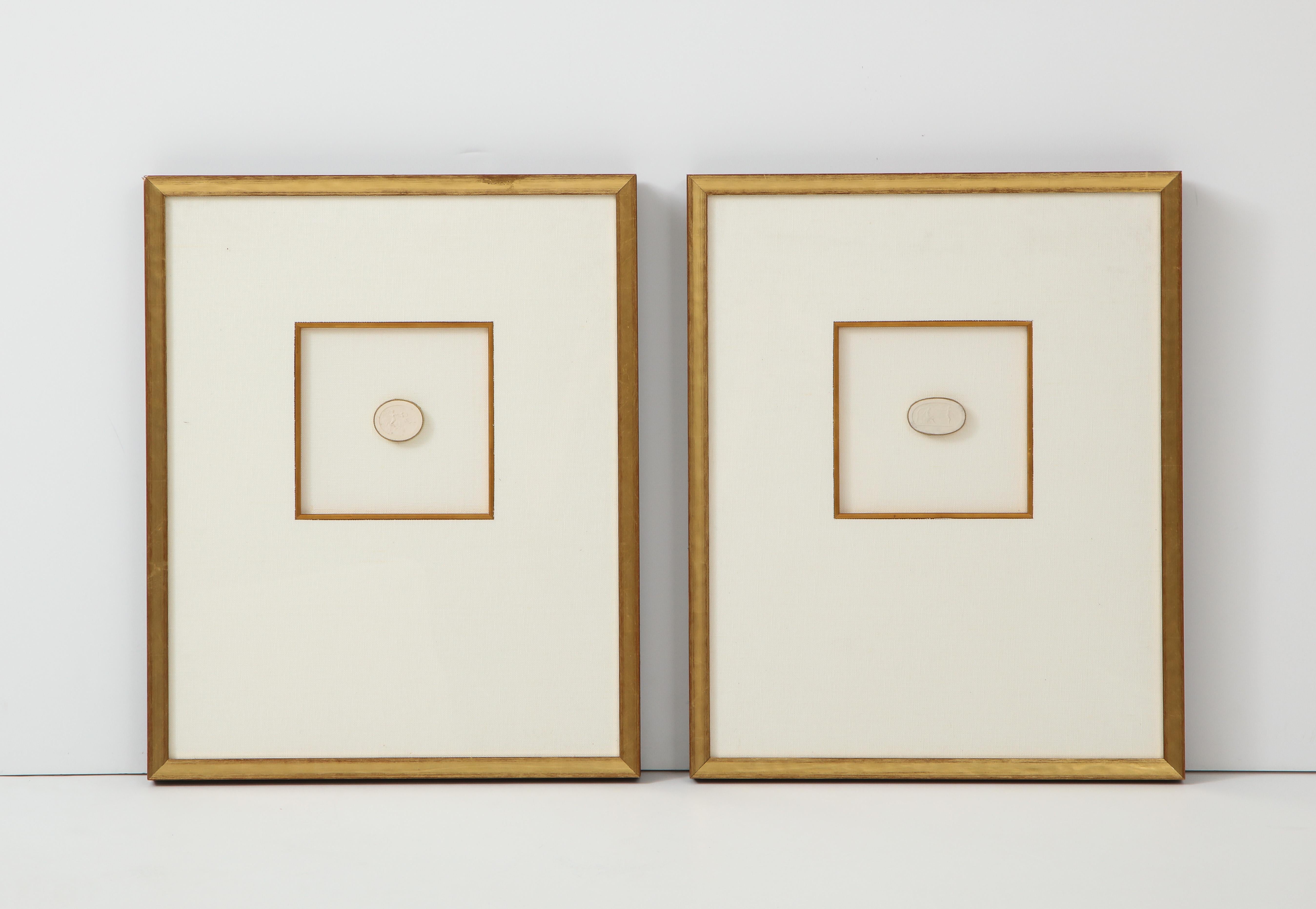 We love the understated elegance of these plaster intaglios. These Grand Tour era pieces are beautifully framed in silk with a gold border and are the perfect finishing touch in a room. Priced individually at $650 each.