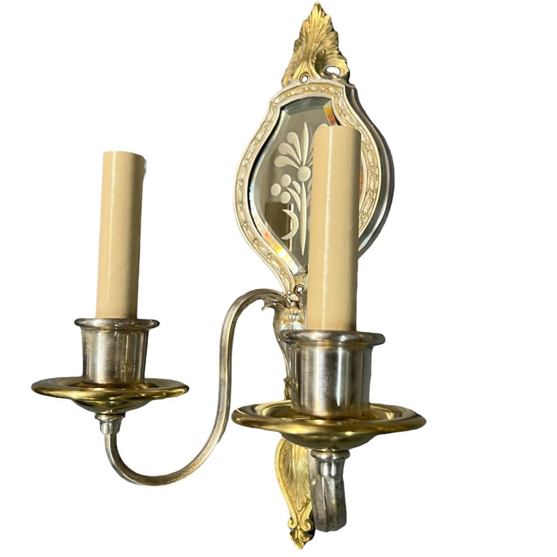 Set of French Etched Mirror Sconces, Sold Per Pair For Sale 1