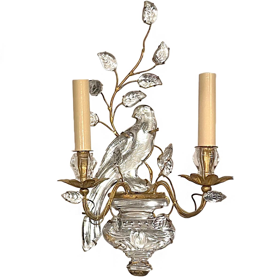 A set of six circa 1960's French sconces with molded glass bird and leaves and gold leaf body. Sold in pairs.

Measurements:
Height: 17