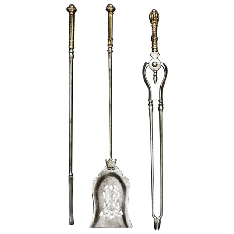 A Set of Georgian Style Brass and Steel Firetools