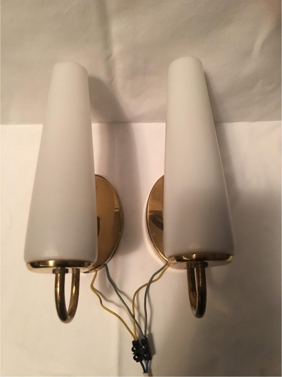 Set of German Bauhaus Art Deco Copper and Milk Glass Sconces from 1930s In Good Condition For Sale In Frisco, TX