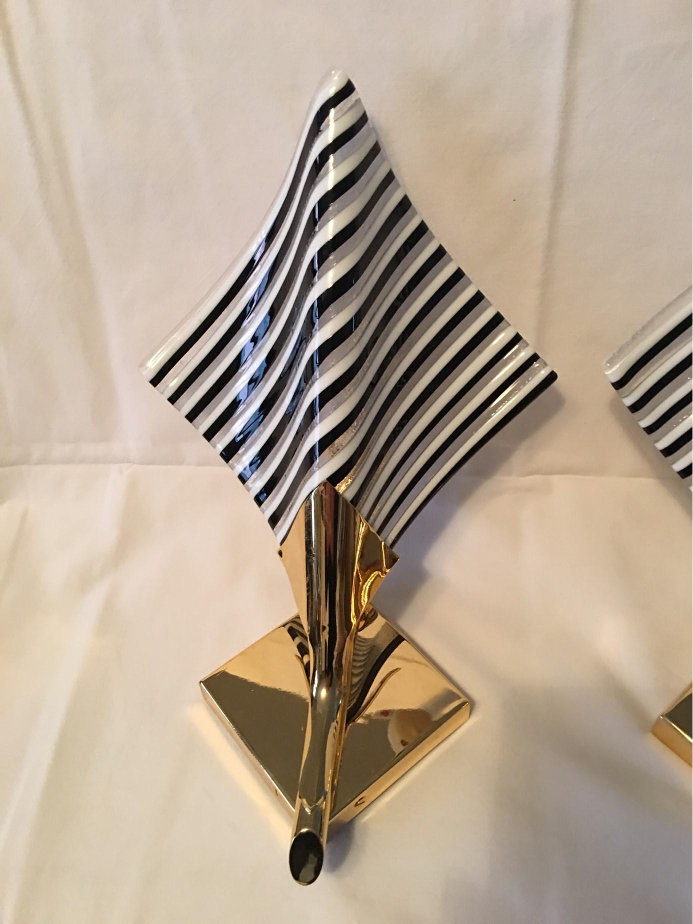 Set of Gilten Metal and Striped Glass Sconces Murano Style In Good Condition For Sale In Frisco, TX