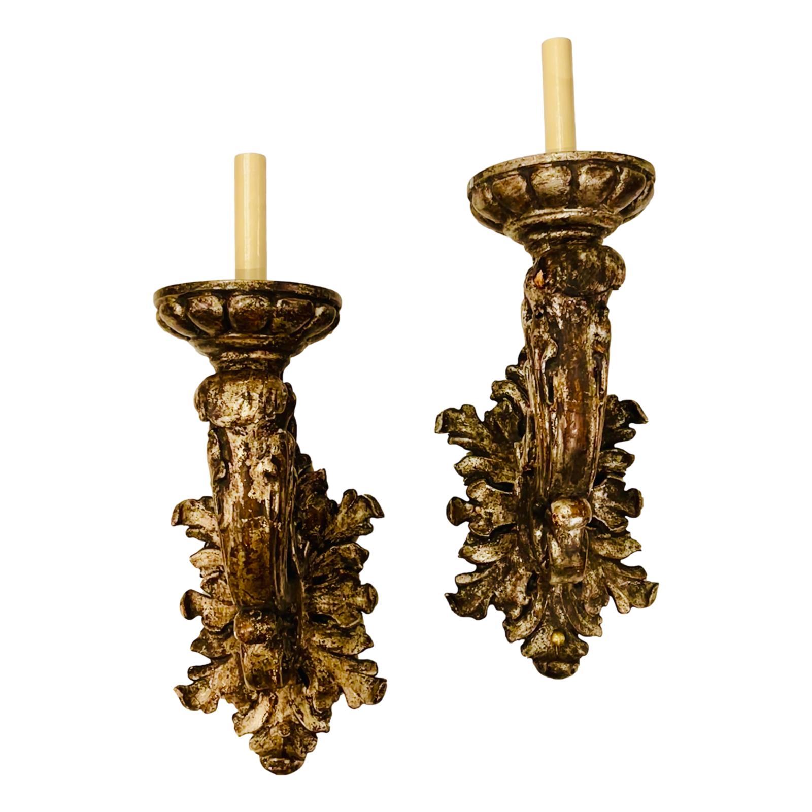 Early 20th Century A set of Italian Carved and Silver Wood Sconces, Sold per Pair For Sale