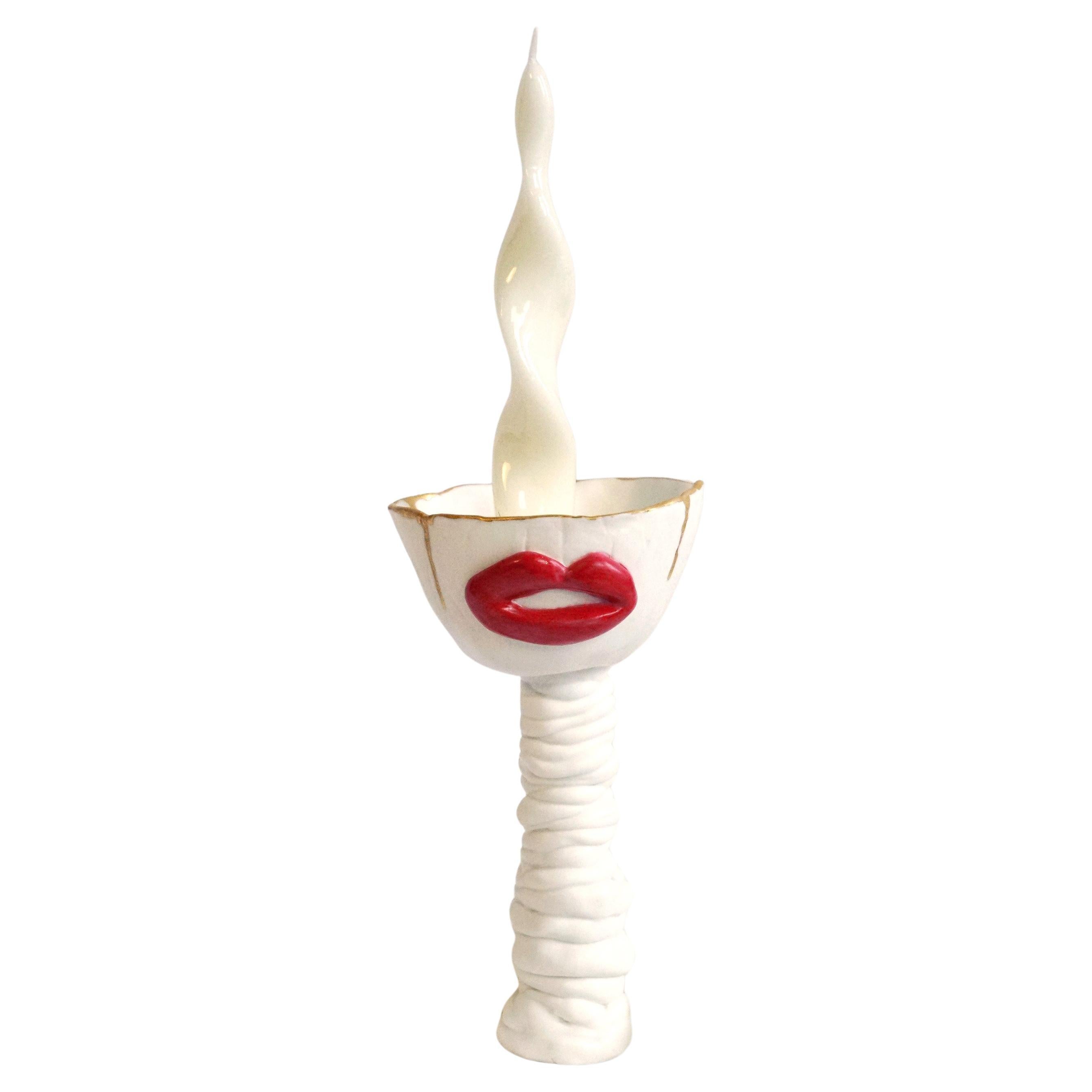Two Post Modern Inspired White Porcelain Candle Holders By Hania Jneid