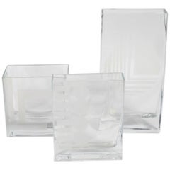 Set of Mid Century Glass Vases with Etched Design in Graduated Sizes