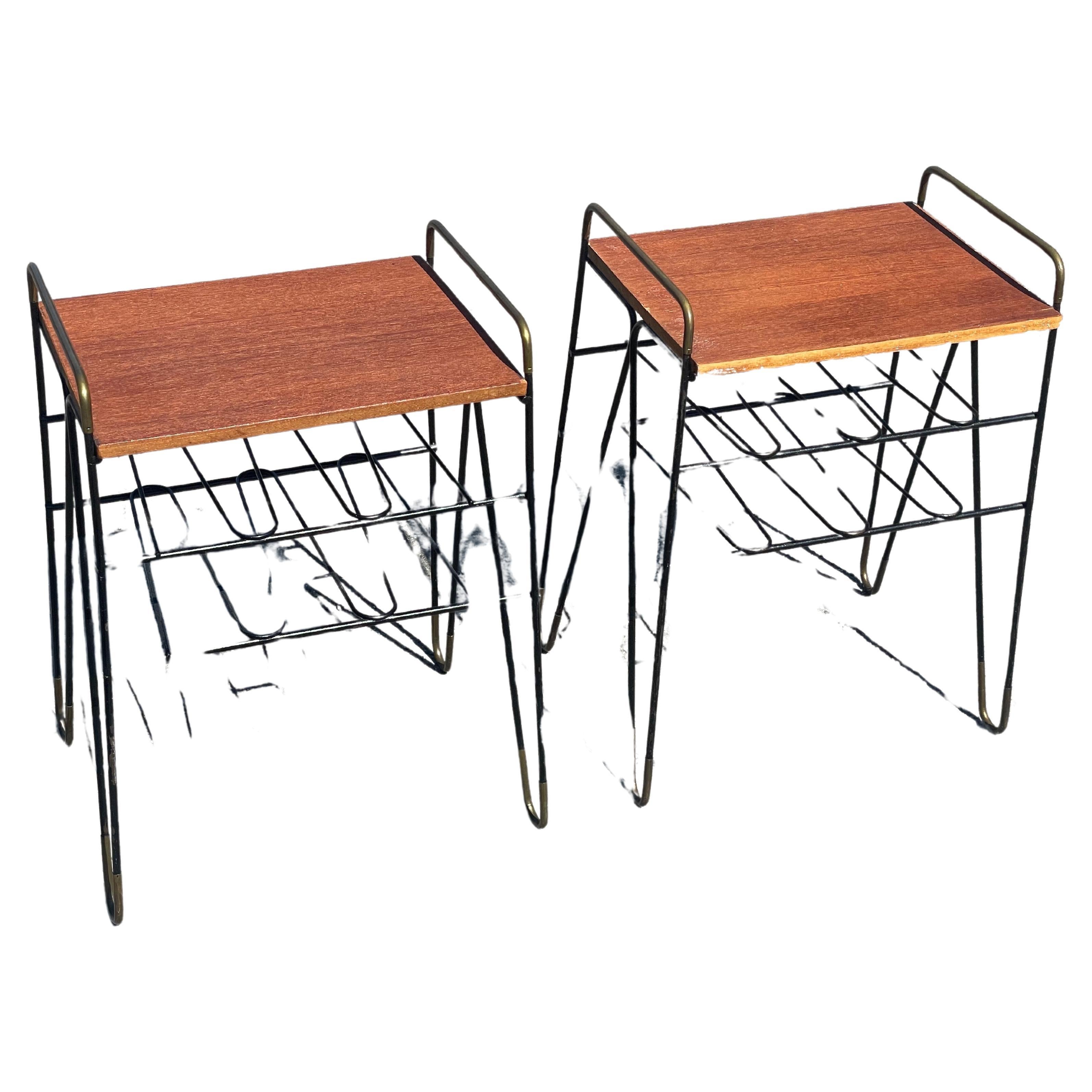 A set of beautiful mid century light metal string nightstands, with a teak top.