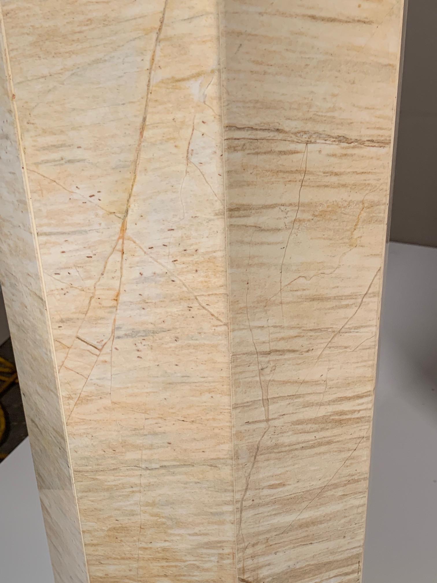 A great set of three (3) travertine pedestals, with unusual veining. Octagonal shapes, circa 1980s. Tallest is 36.5