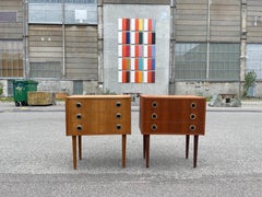 A set of patinated 1970´s dressers, useable as nightstands, teak and oak