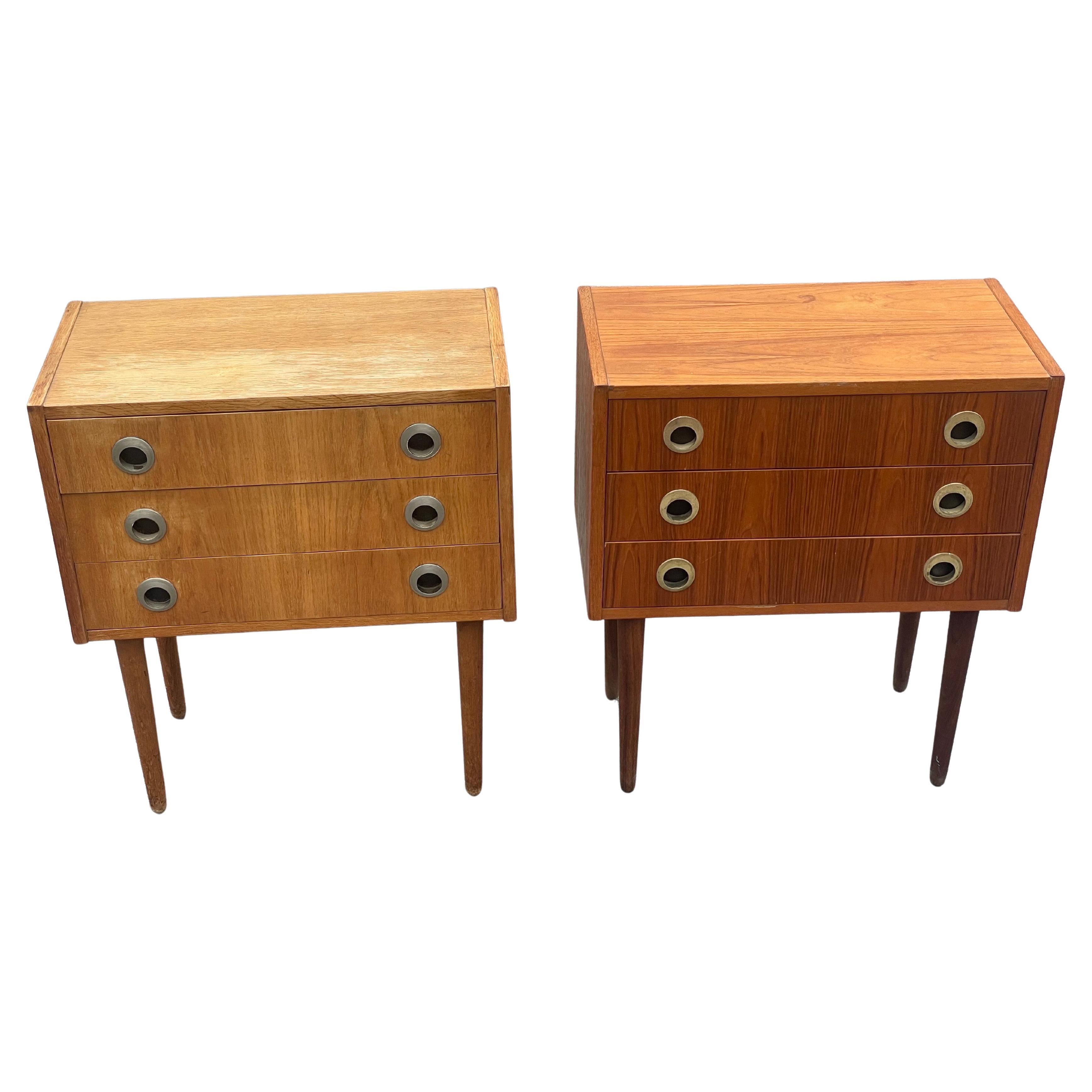 A set of patinated 1970´s dressers, useable as nightstands, teak and oak