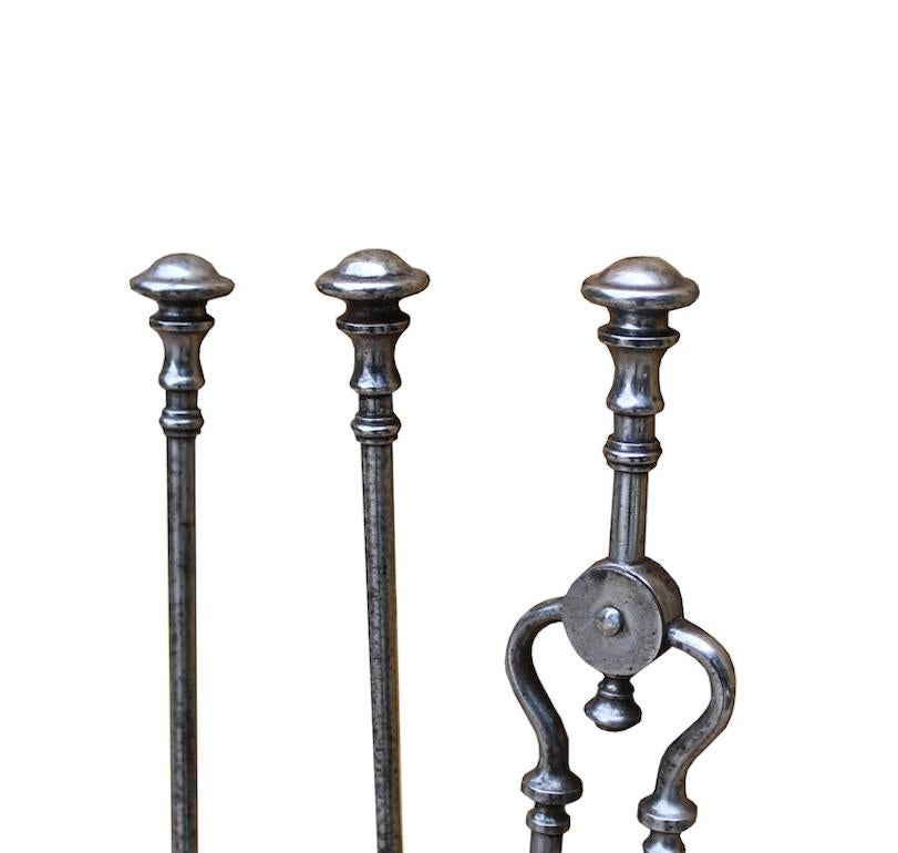 18th Century Set of Polished Steel Fire Tools For Sale