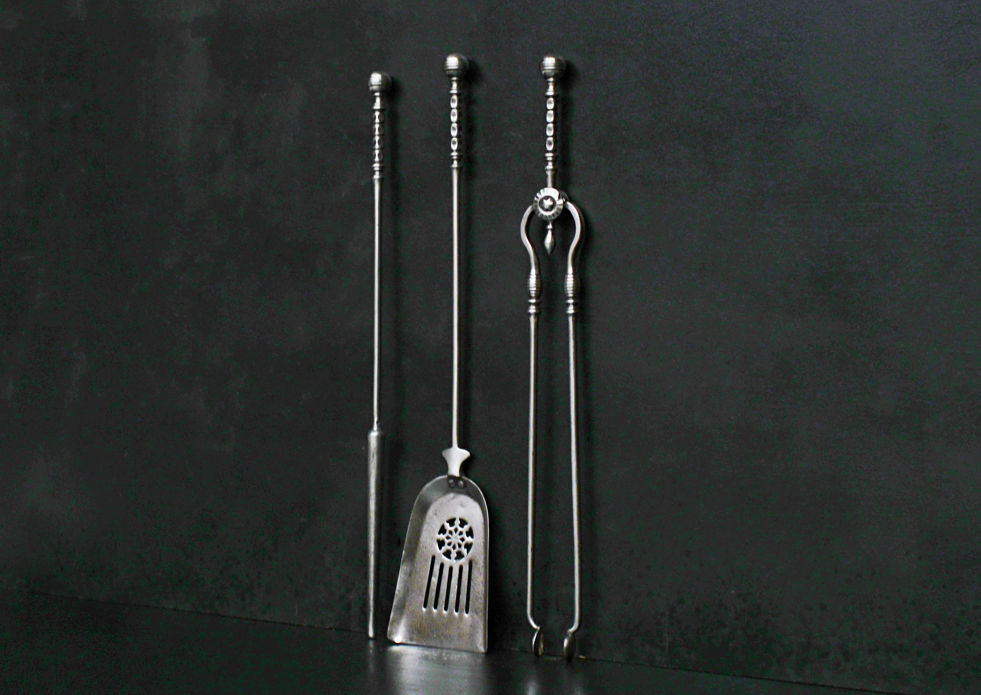 English Set of Polished Steel Firetools in the Georgian Manner For Sale
