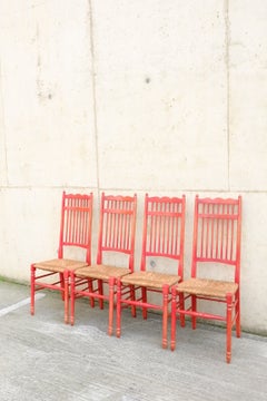 A Set of Rare Lacquered Red Dutch Rush Seat Dining Chairs x 4