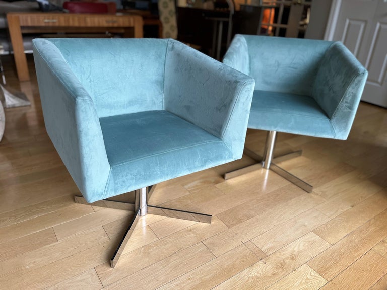 A set of Roche Bobois Swivel Accent Chairs in Seafoam Green Microvelvet