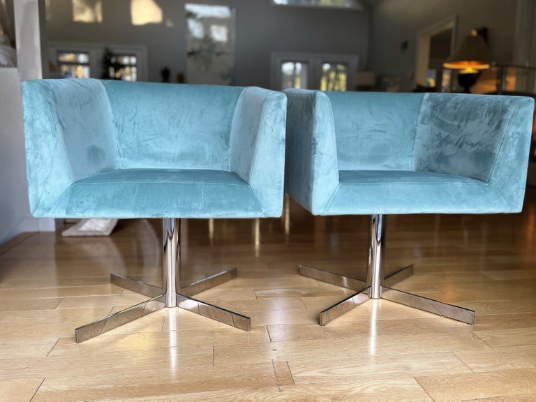 A set of Roche Bobois Swivel Accent Chairs in Seafoam Green Microvelvet