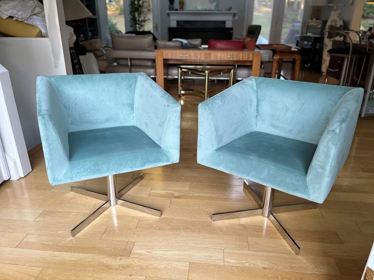 A set of Roche Bobois Swivel Accent Chairs in Seafoam Green Microvelvet