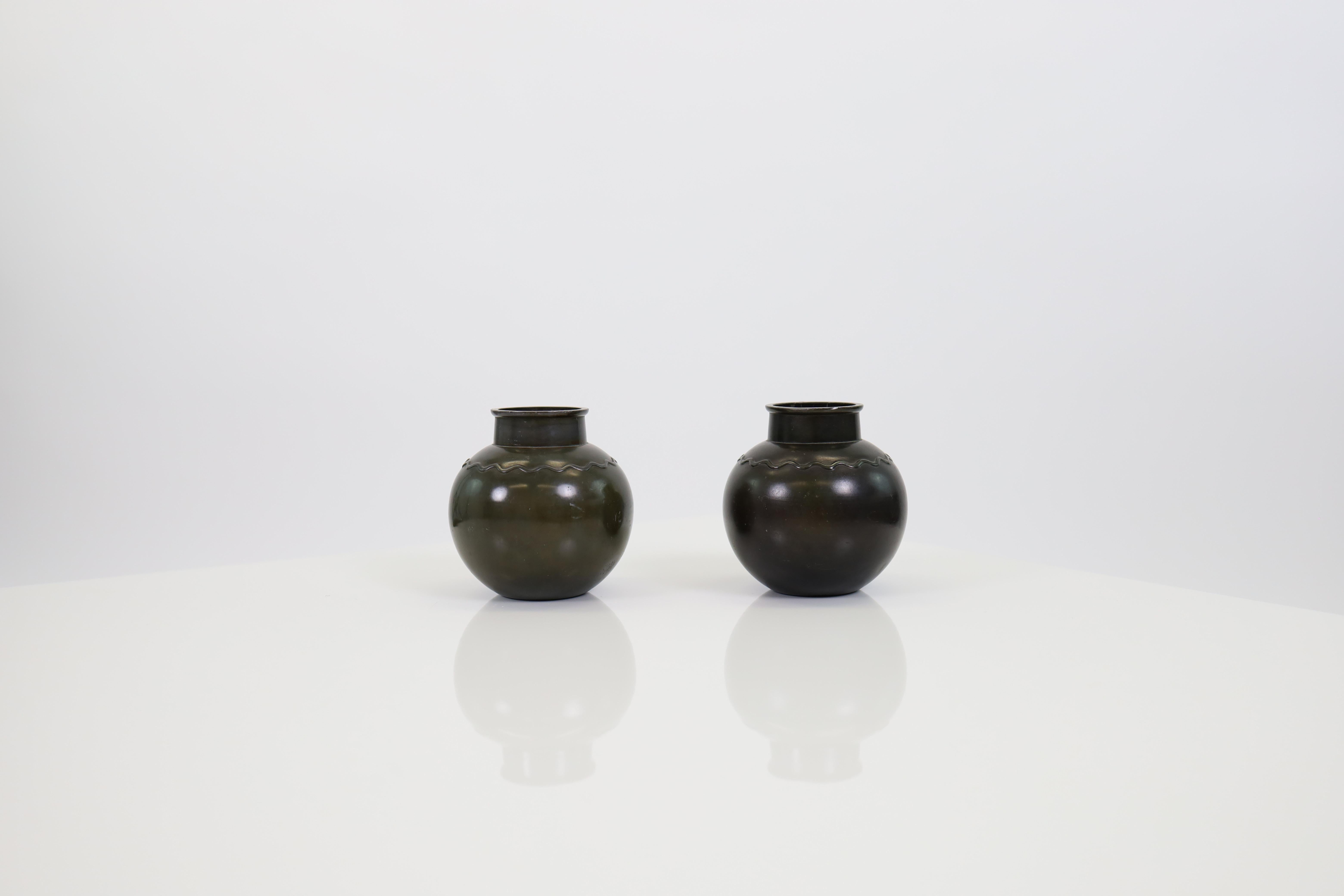 A set of round metal vases by Just Andersen, 1930s, Denmark For Sale 8