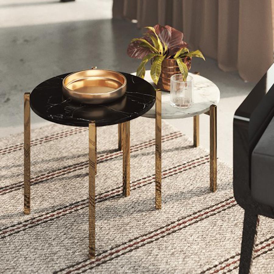 A set of round table, design style, round side table with coated metal legs.
Marble top and gold stainless steel legs
Measures: W. 45 cm, D. 45 cm, H. 45 cm
and
W. 45 cm, D. 45 cm, H. 35 cm
Production time: 6 weeks.