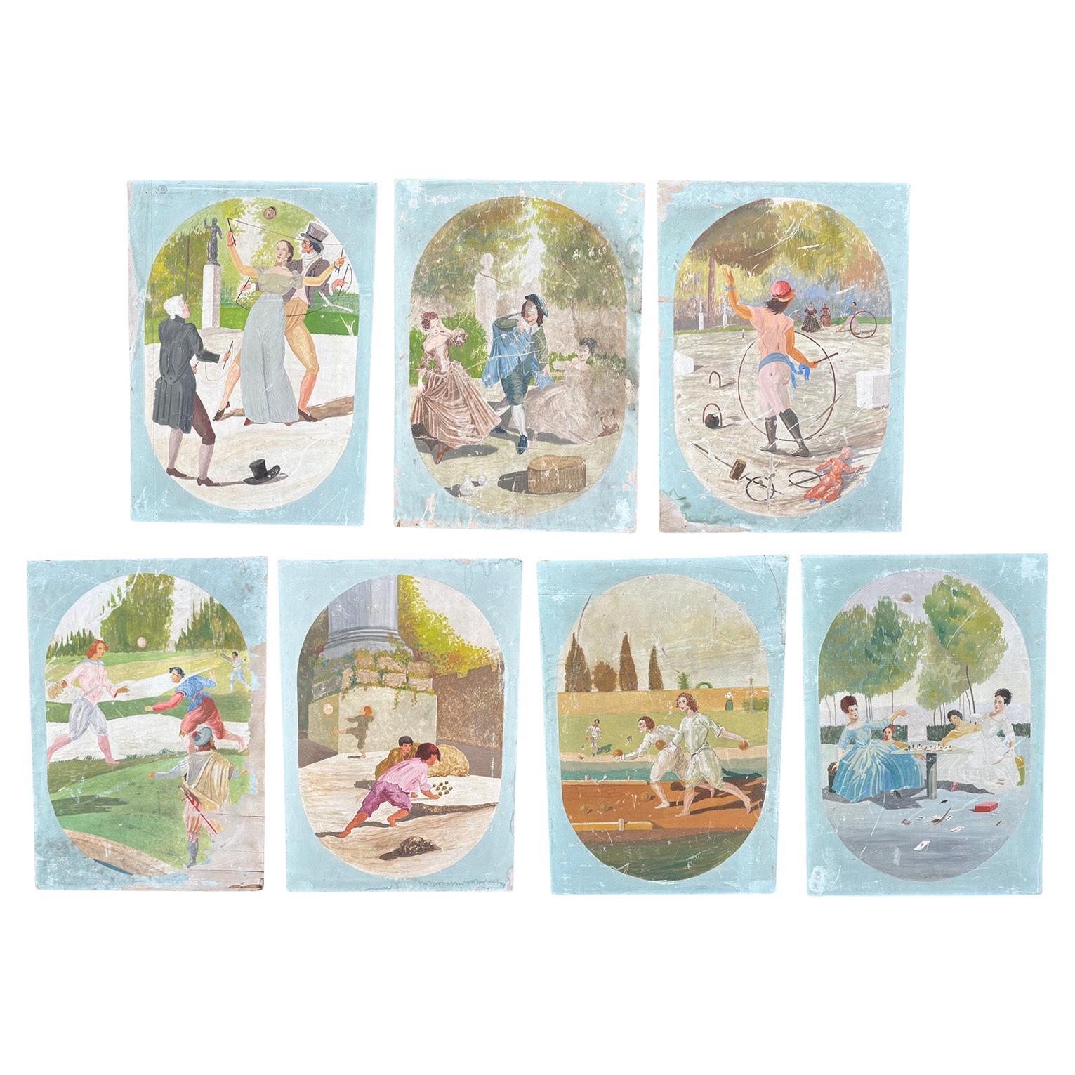 A Set of Seven Antique 19th Century Sport Wall Panels from Italy For Sale