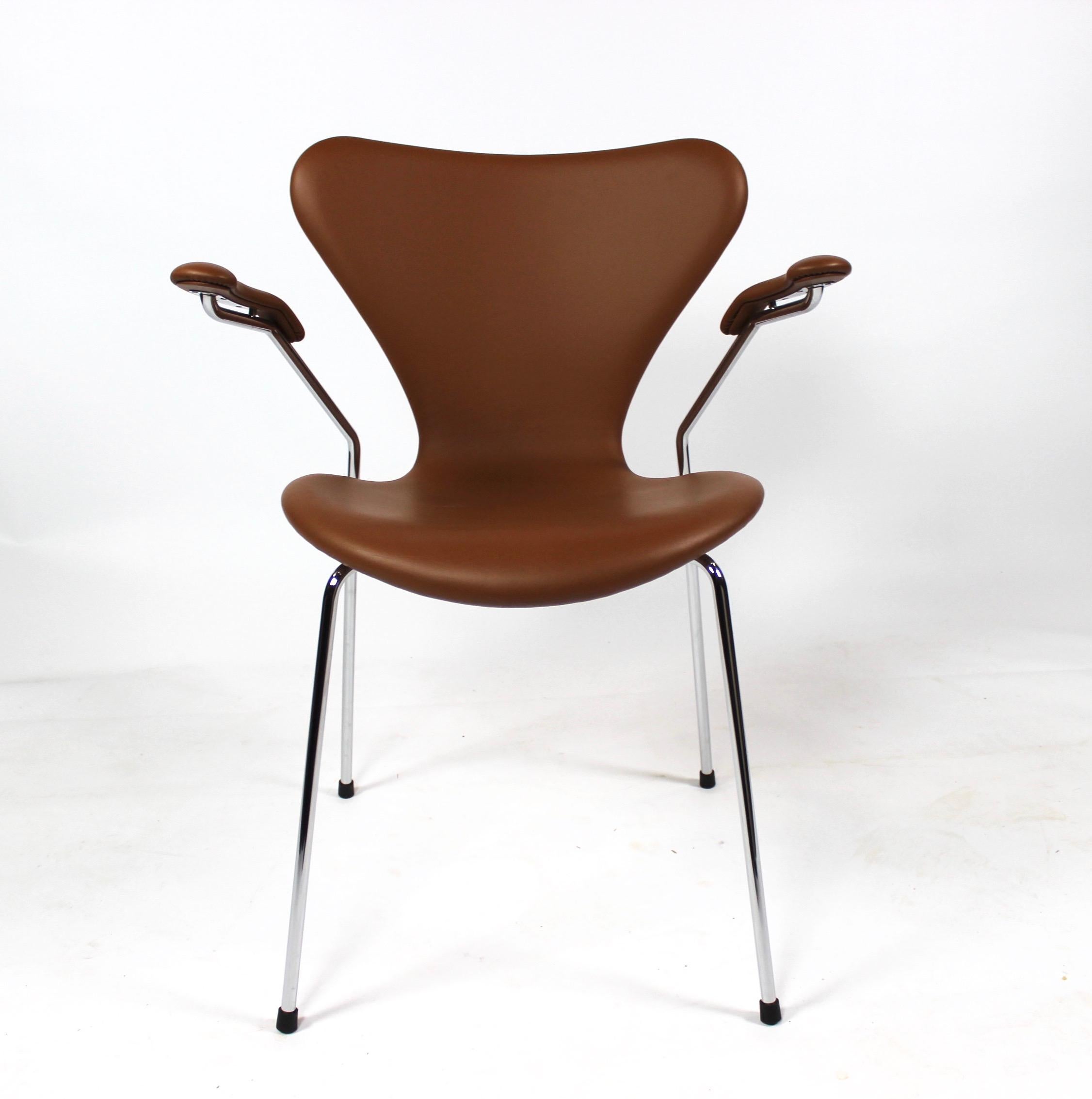 Scandinavian Modern Set of Seven Chairs, Model 3207, with Armrests in Cognac Colored, 2019