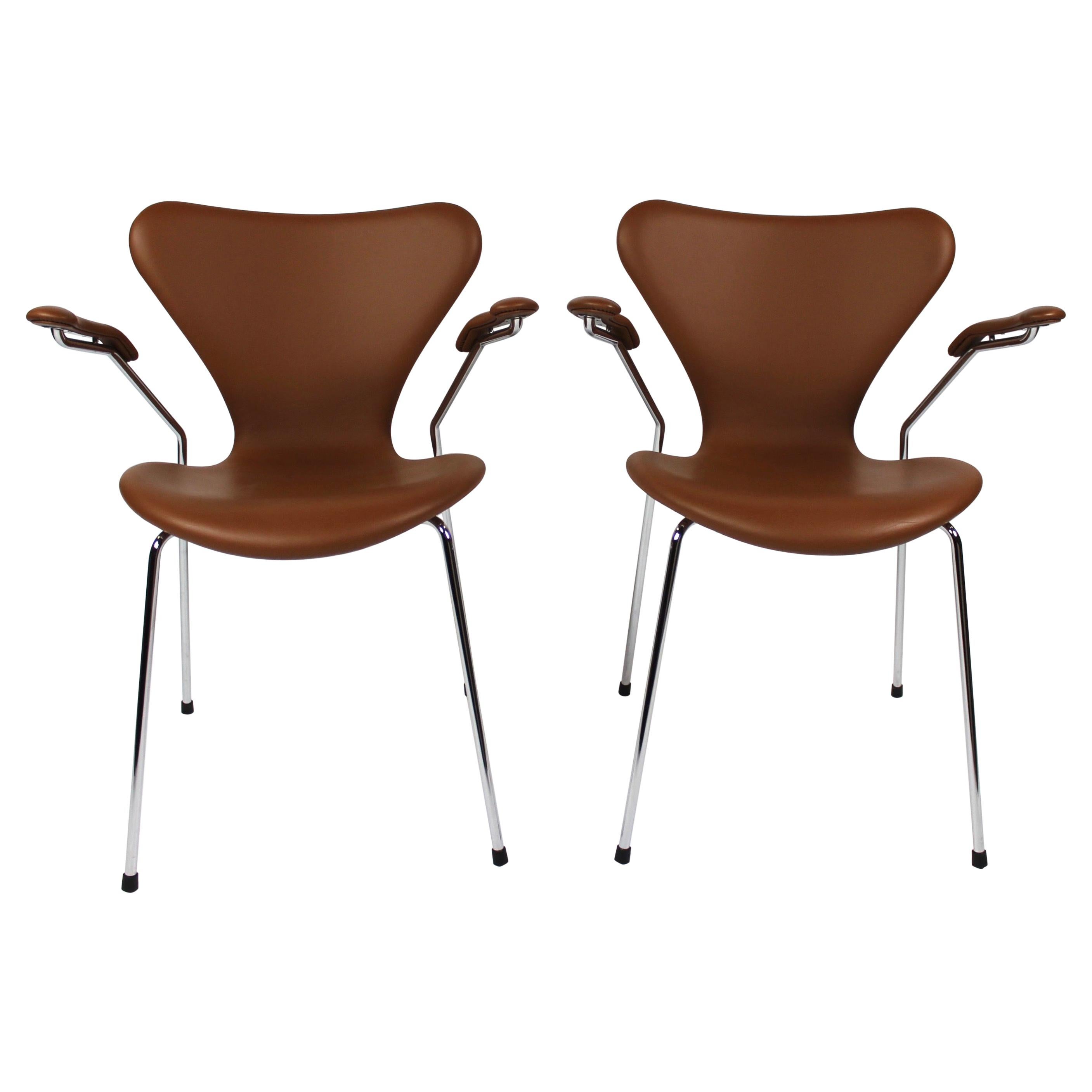 Set of Seven Chairs, Model 3207, with Armrests in Cognac Colored, 2019