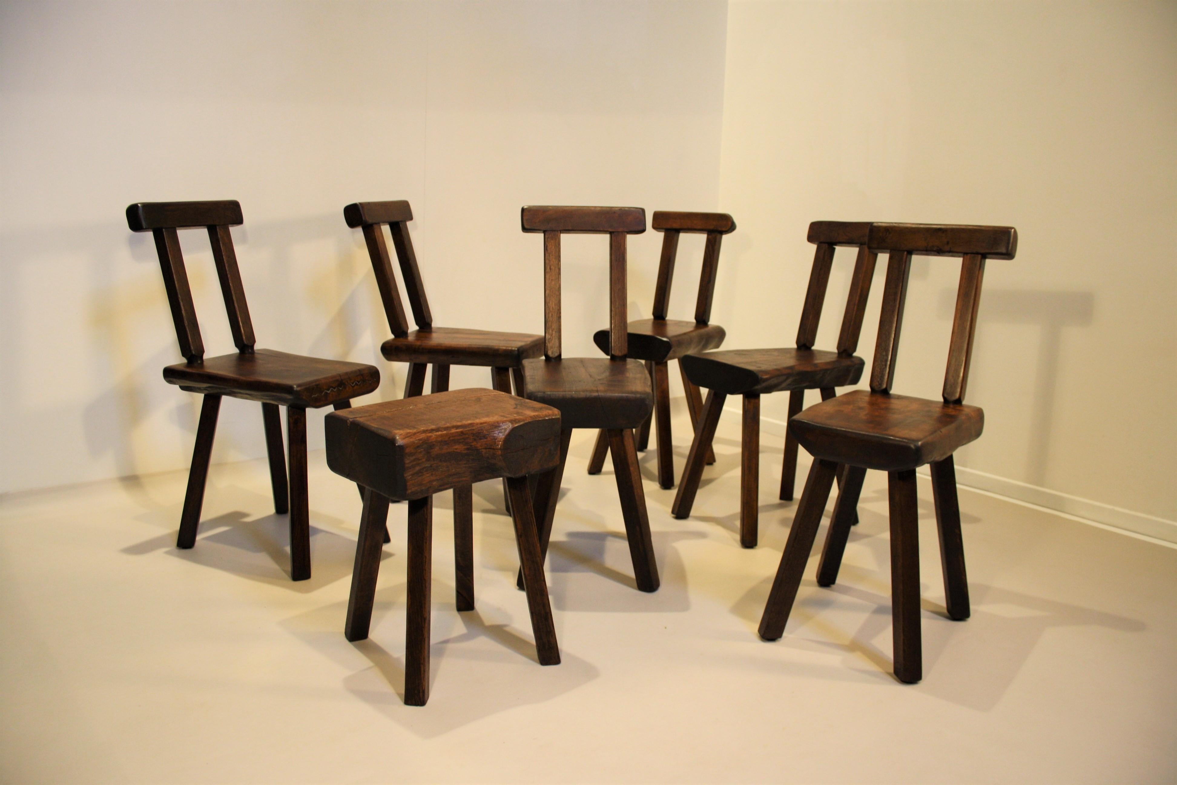 Set of Seven Hand Carved Oak Chairs, 1950s 4
