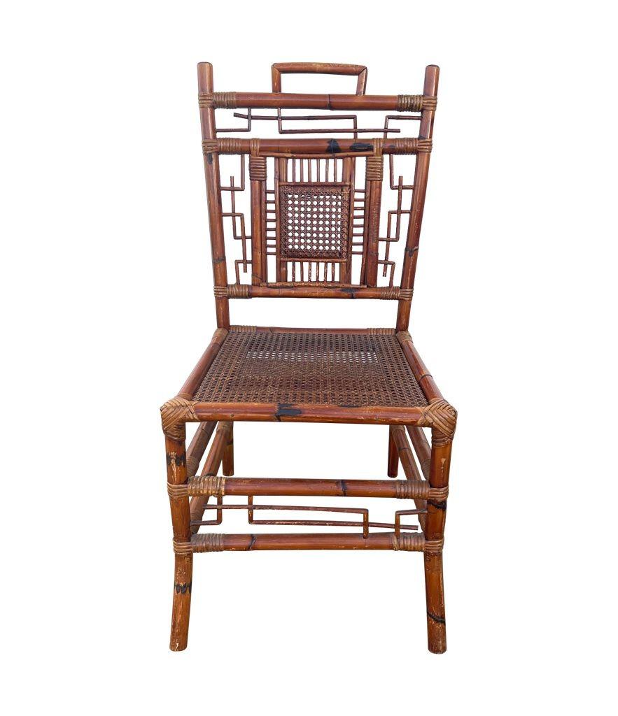 A set of six 1920s Chinoiserie French bamboo dining chairs with rattan woven seats and backs with bamboo detail design.