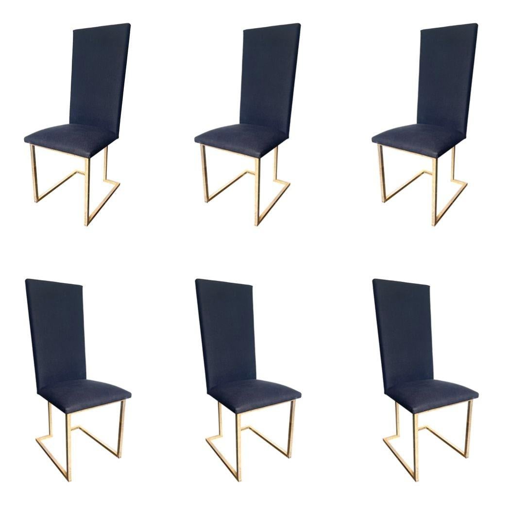 French A Set Of Six 1970s Dining Chairs By Willy Rizzo With Black Upholstered Seats