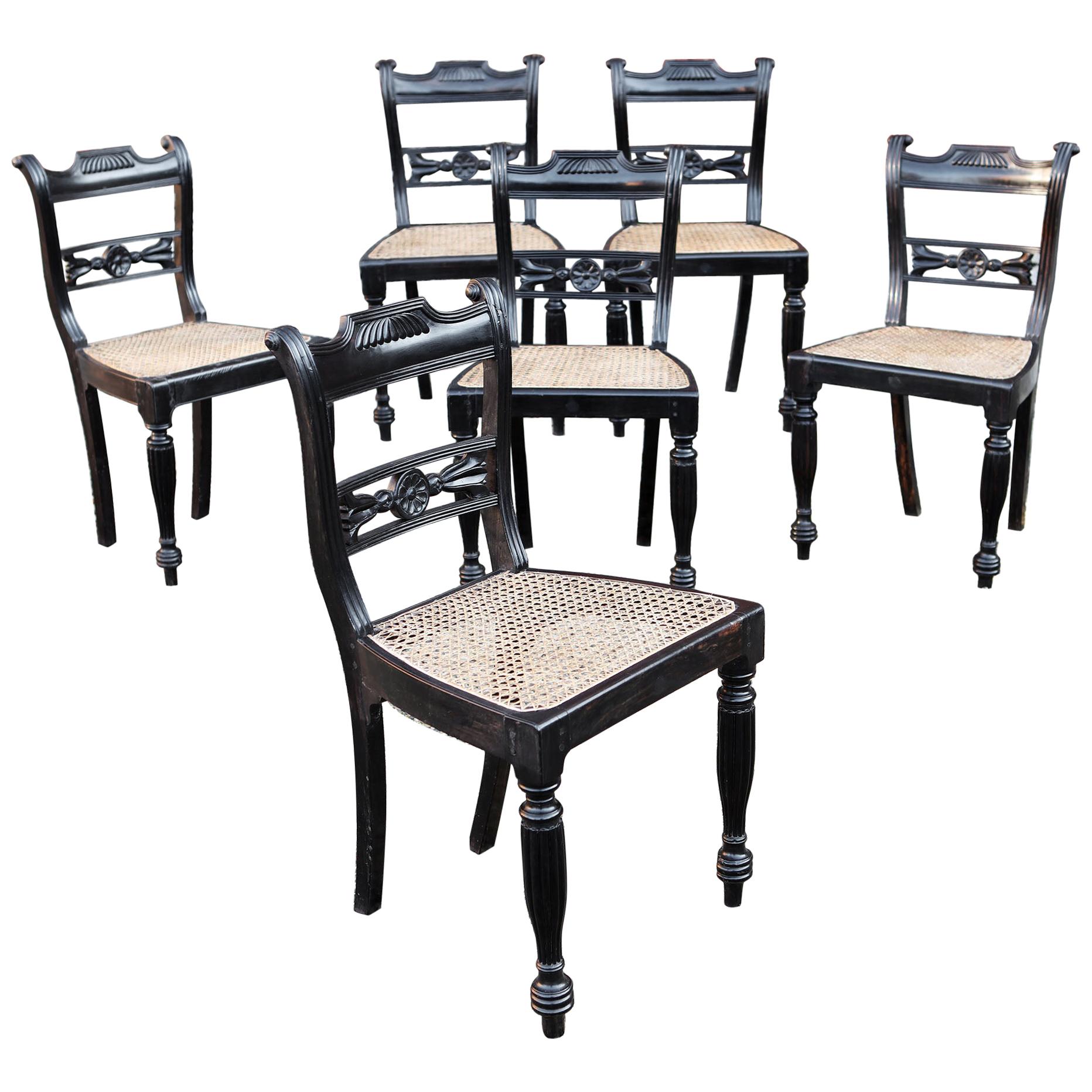 Set of Six 19th Century Anglo-Indian Ebony Side Chairs with Reeded Frames