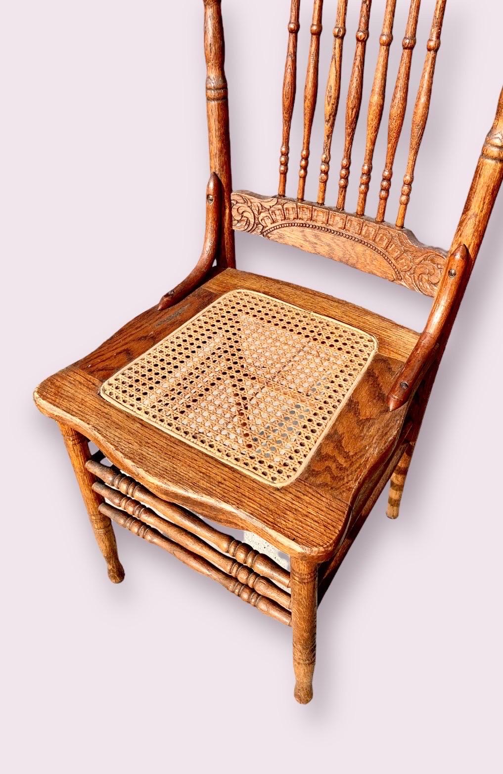 Set of Six Antique American Red Oak Press Back Chairs with Cane Seats 3