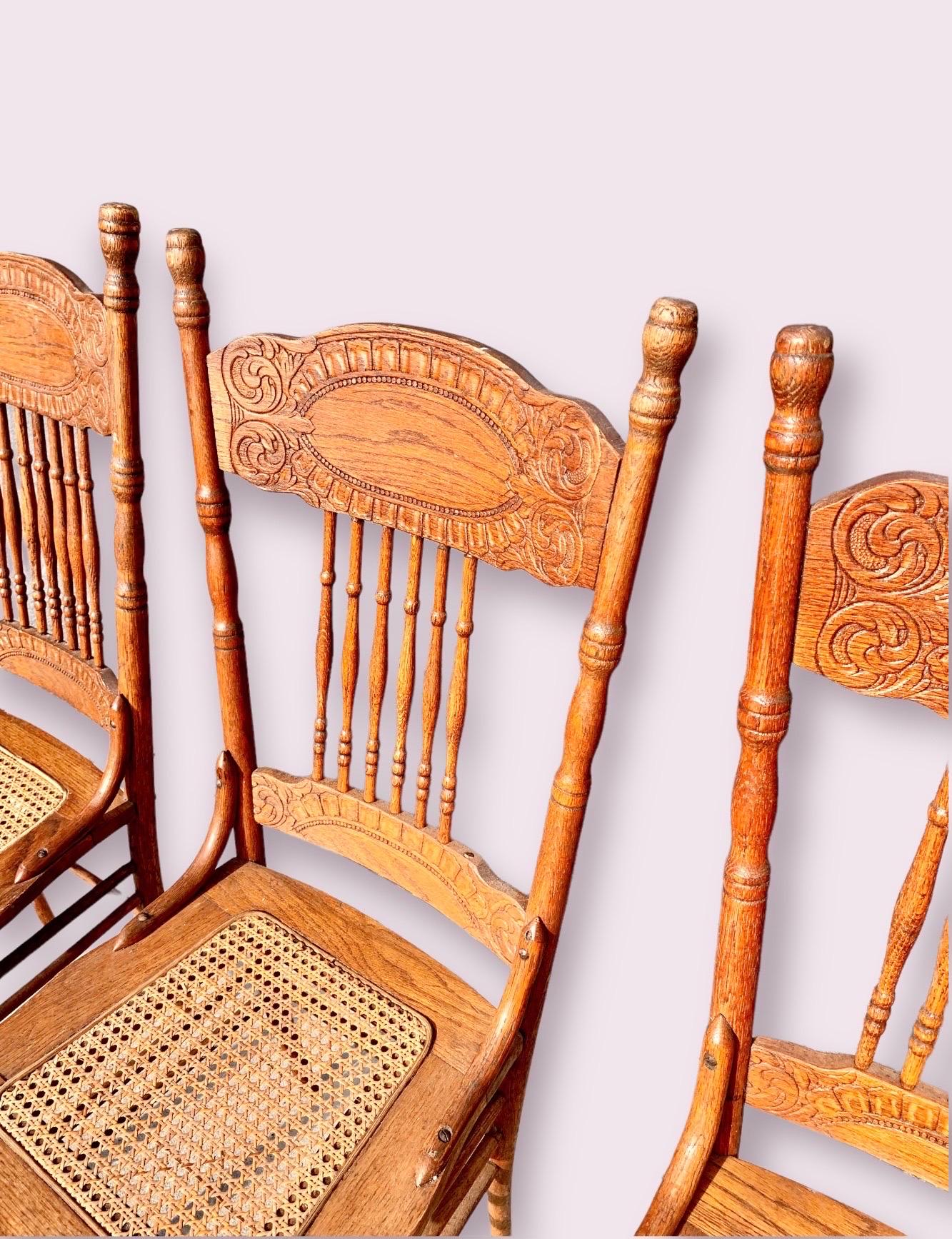 Set of Six Antique American Red Oak Press Back Chairs with Cane Seats 4