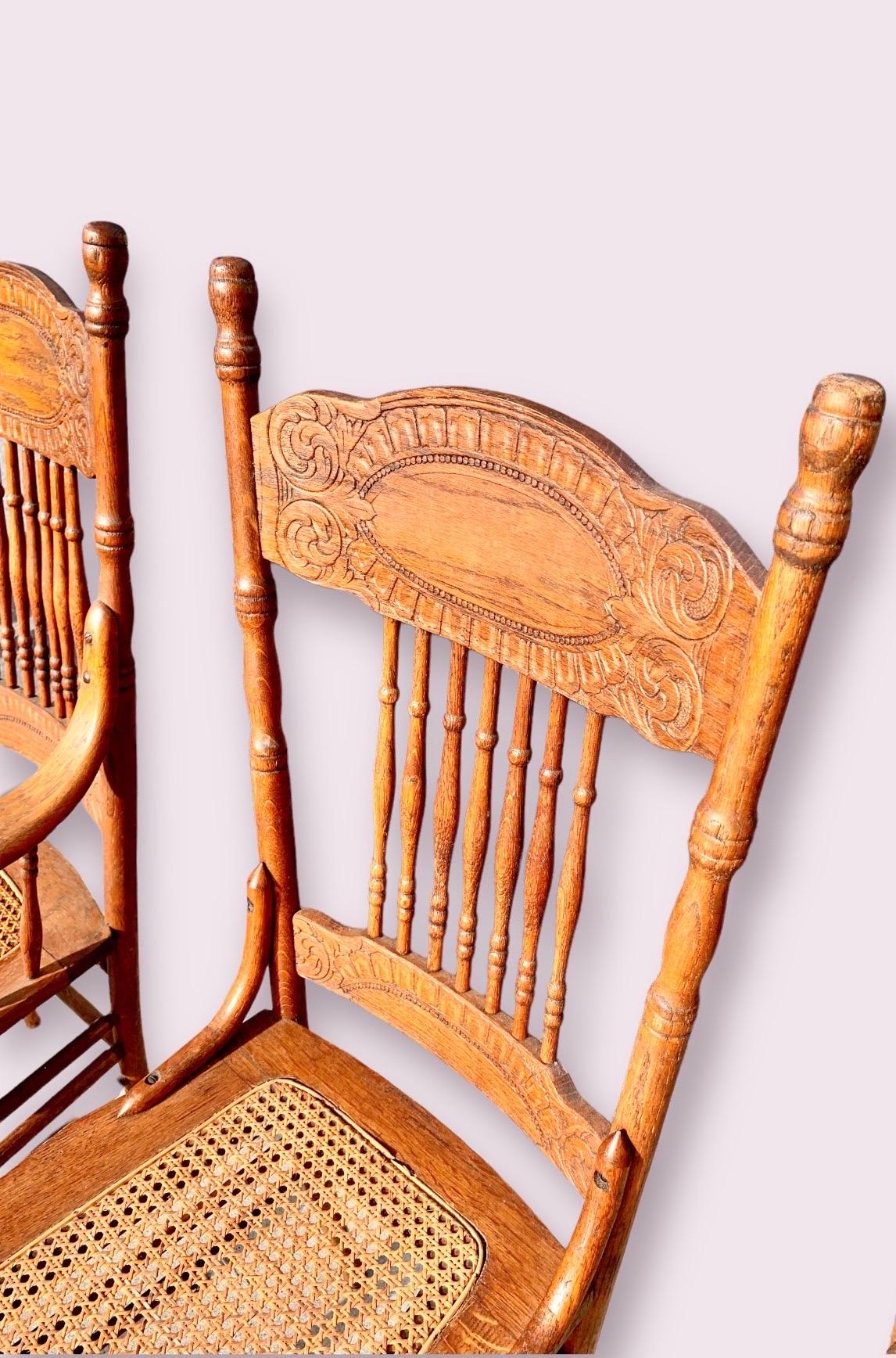 Set of Six Antique American Red Oak Press Back Chairs with Cane Seats 5