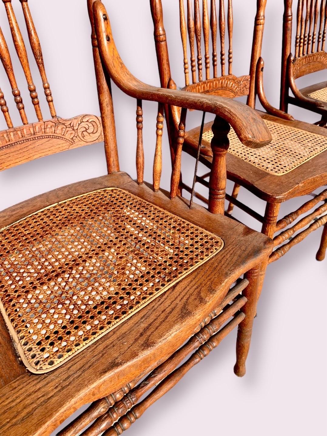 Set of Six Antique American Red Oak Press Back Chairs with Cane Seats 6