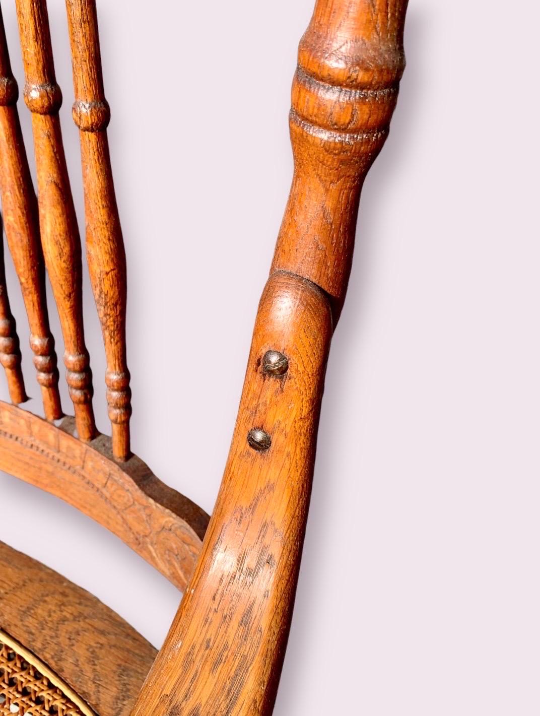 Set of Six Antique American Red Oak Press Back Chairs with Cane Seats 7