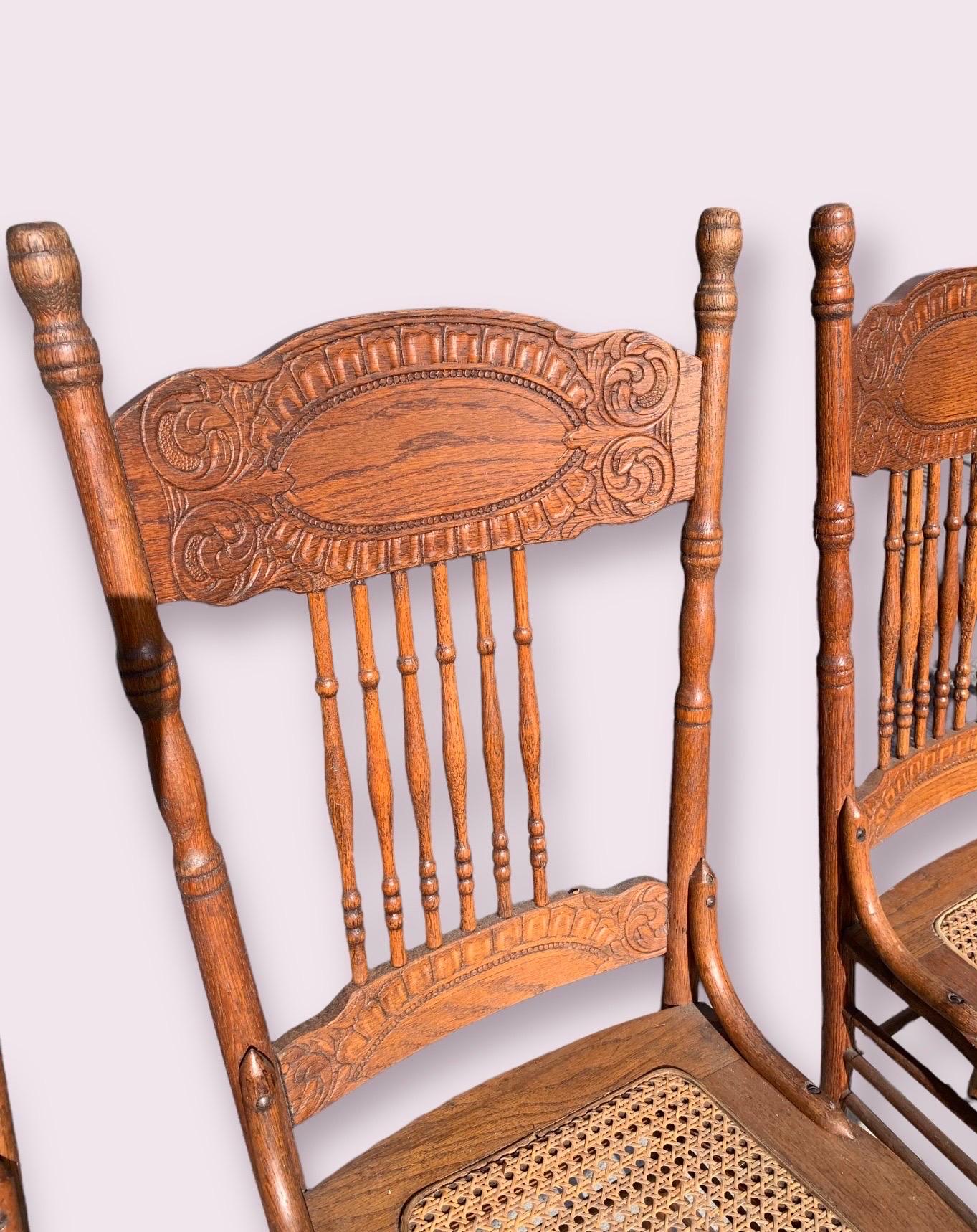 Country Set of Six Antique American Red Oak Press Back Chairs with Cane Seats