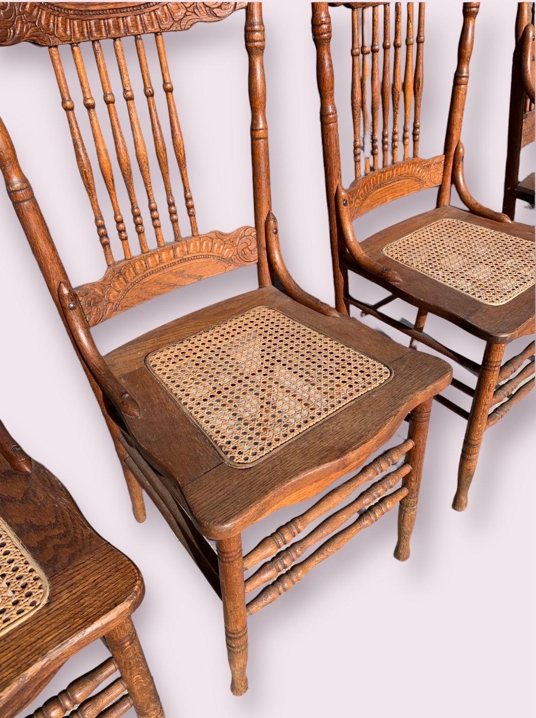 Caning Set of Six Antique American Red Oak Press Back Chairs with Cane Seats
