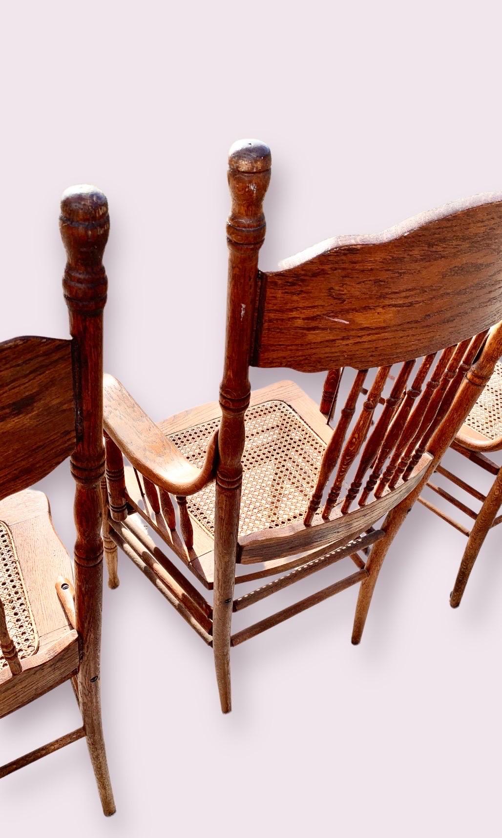 Set of Six Antique American Red Oak Press Back Chairs with Cane Seats In Good Condition In New Orleans, LA