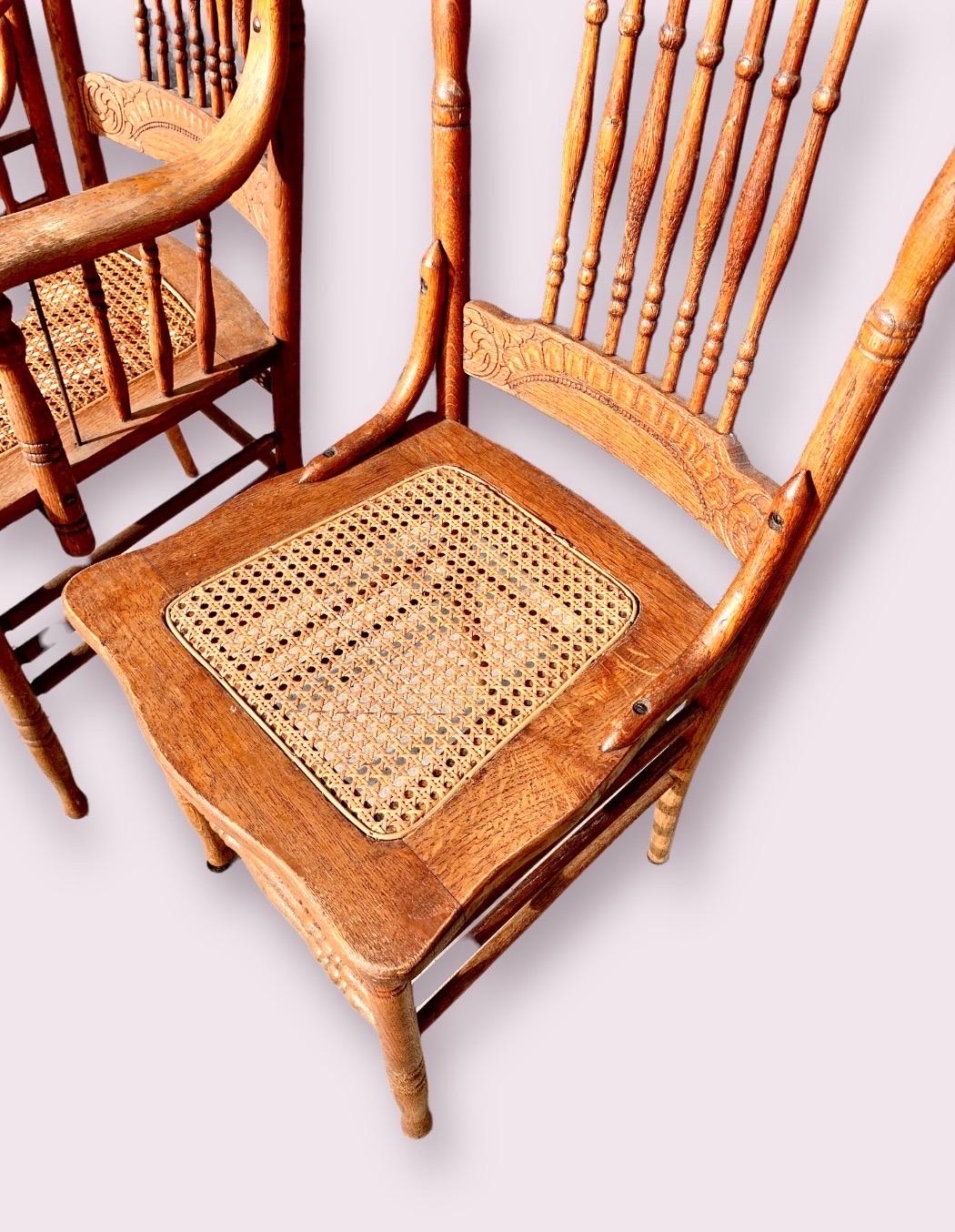 Late 19th Century Set of Six Antique American Red Oak Press Back Chairs with Cane Seats