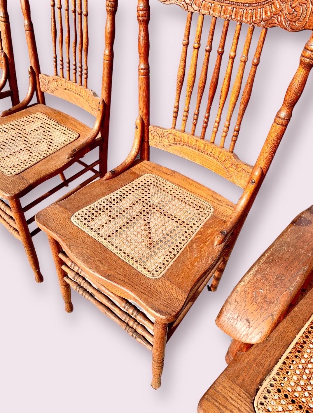 Set of Six Antique American Red Oak Press Back Chairs with Cane Seats 2