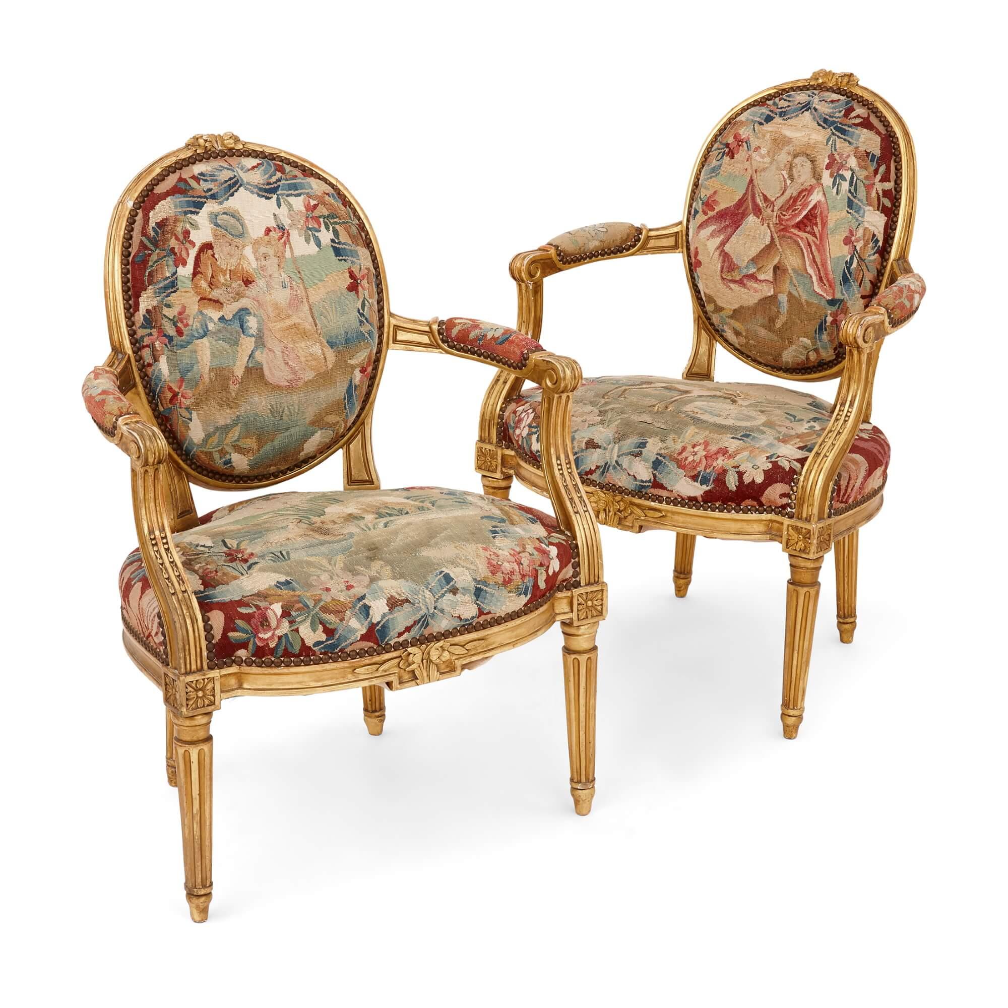 A set of six Aubusson tapestry and giltwood chairs
French, 18th and 19th Centuries
Measures: Height 87cm, width 61cm, depth 50cm

Formed of a set of six, these fine works are nineteenth century giltwood chairs, formed by combining this later