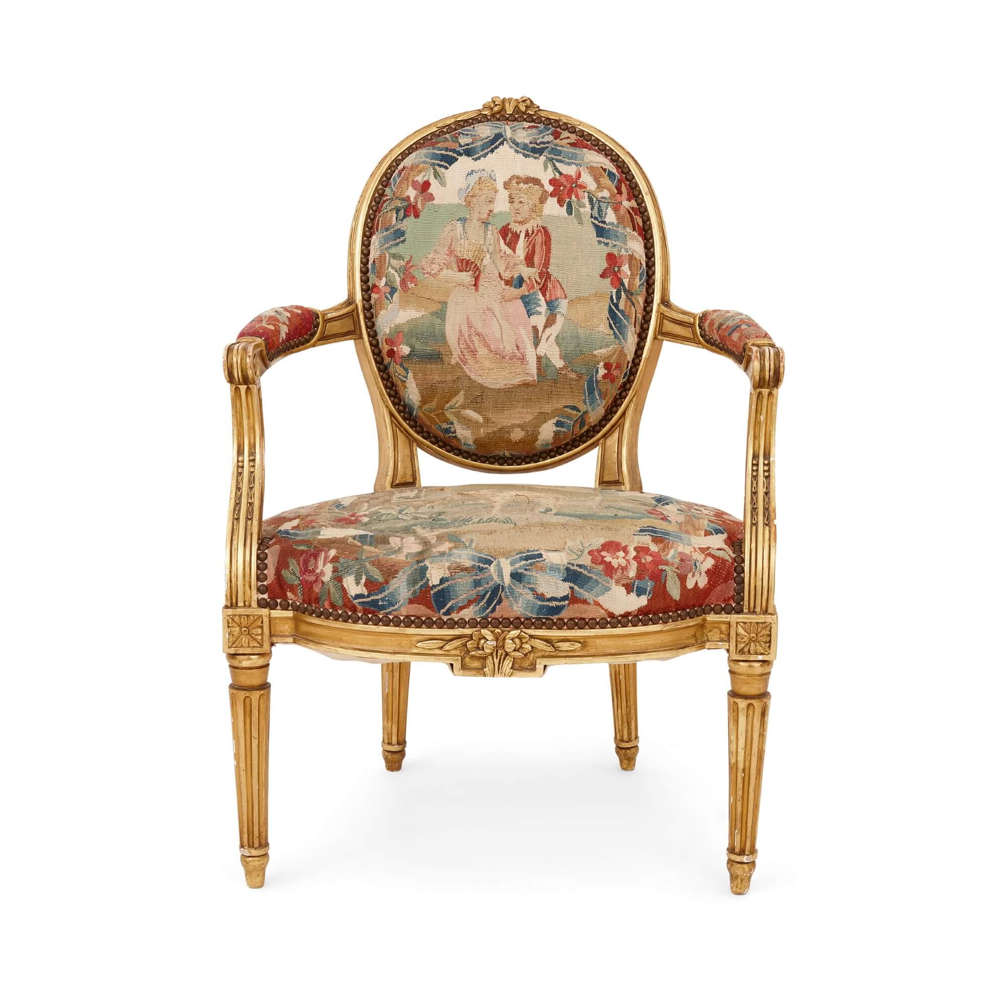 Rococo Set of Six Aubusson Tapestry and Giltwood Chairs