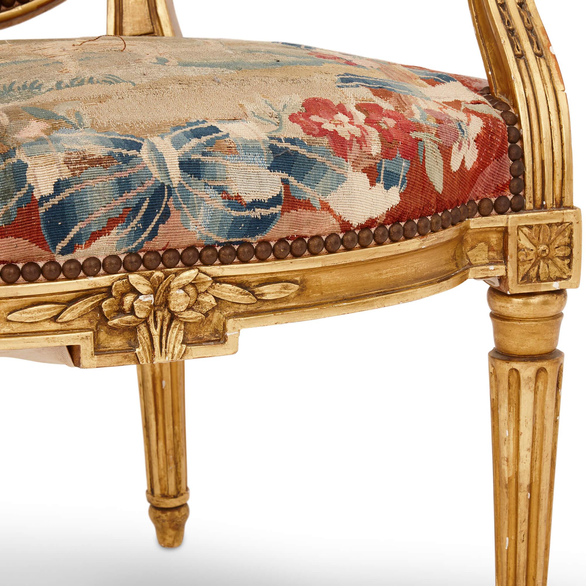 Set of Six Aubusson Tapestry and Giltwood Chairs 1