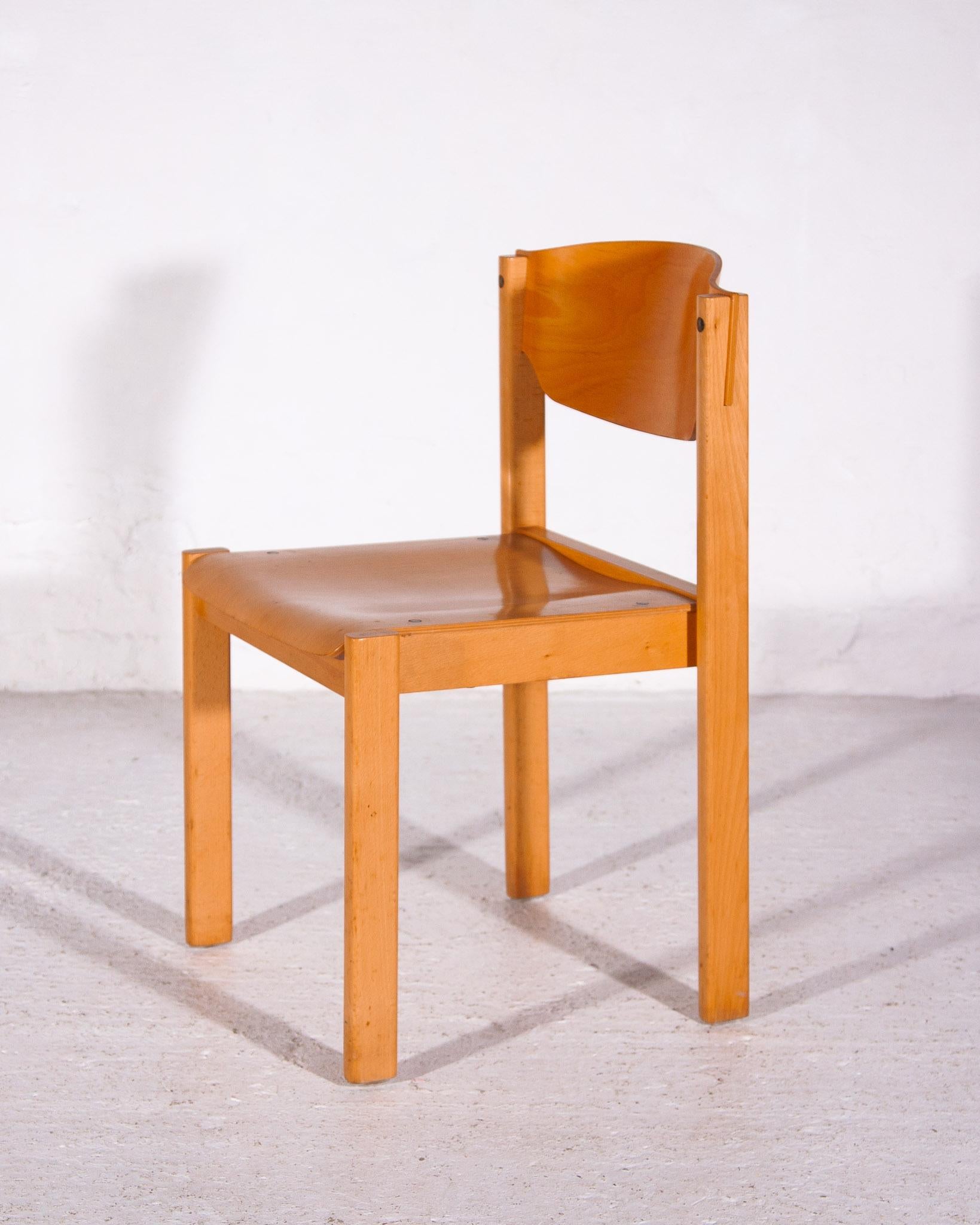 German Set of Six Beech Stackable Plywood Chairs Mid-Century, 1970s For Sale