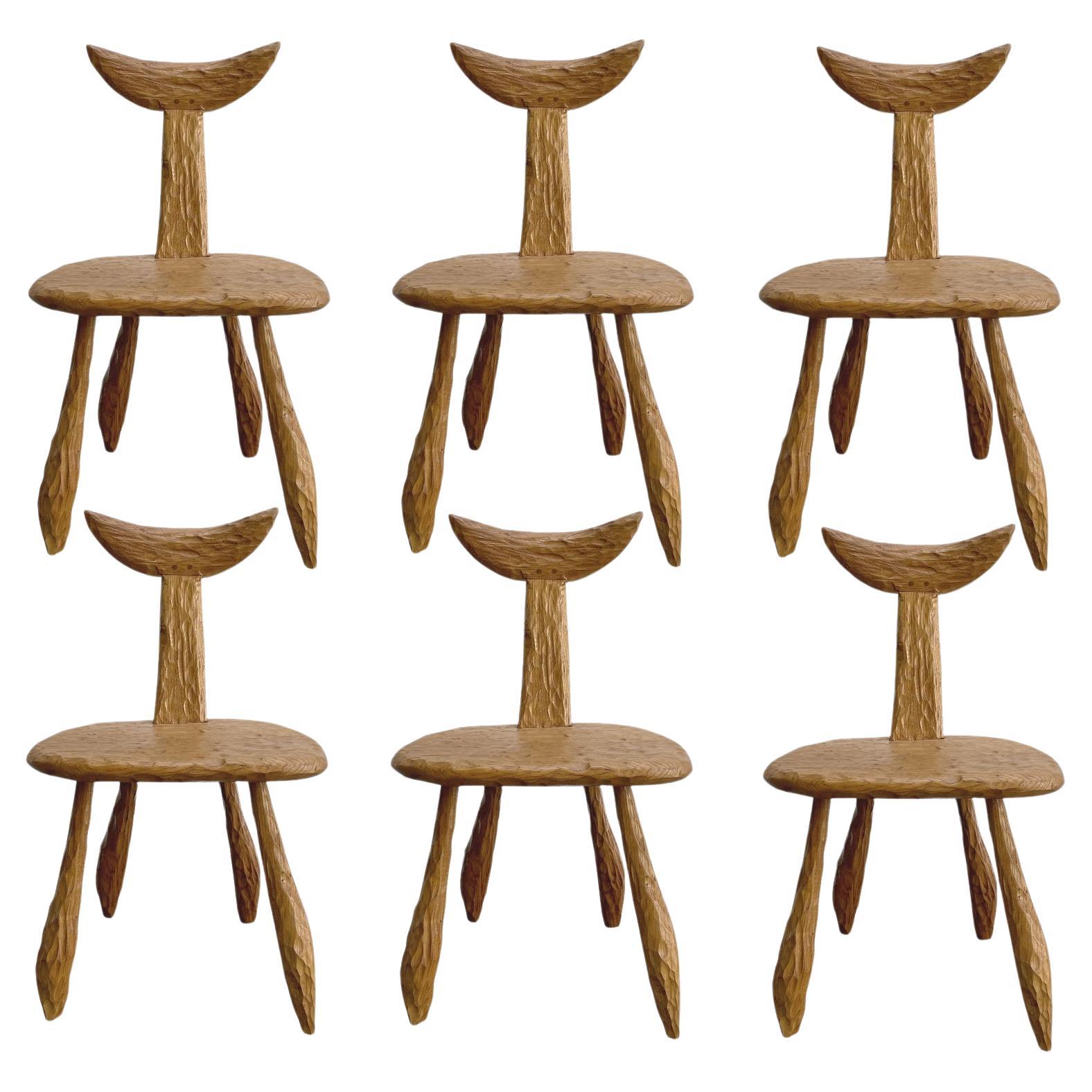 Set of Six "Brutalist" Chairs in Oak, France For Sale