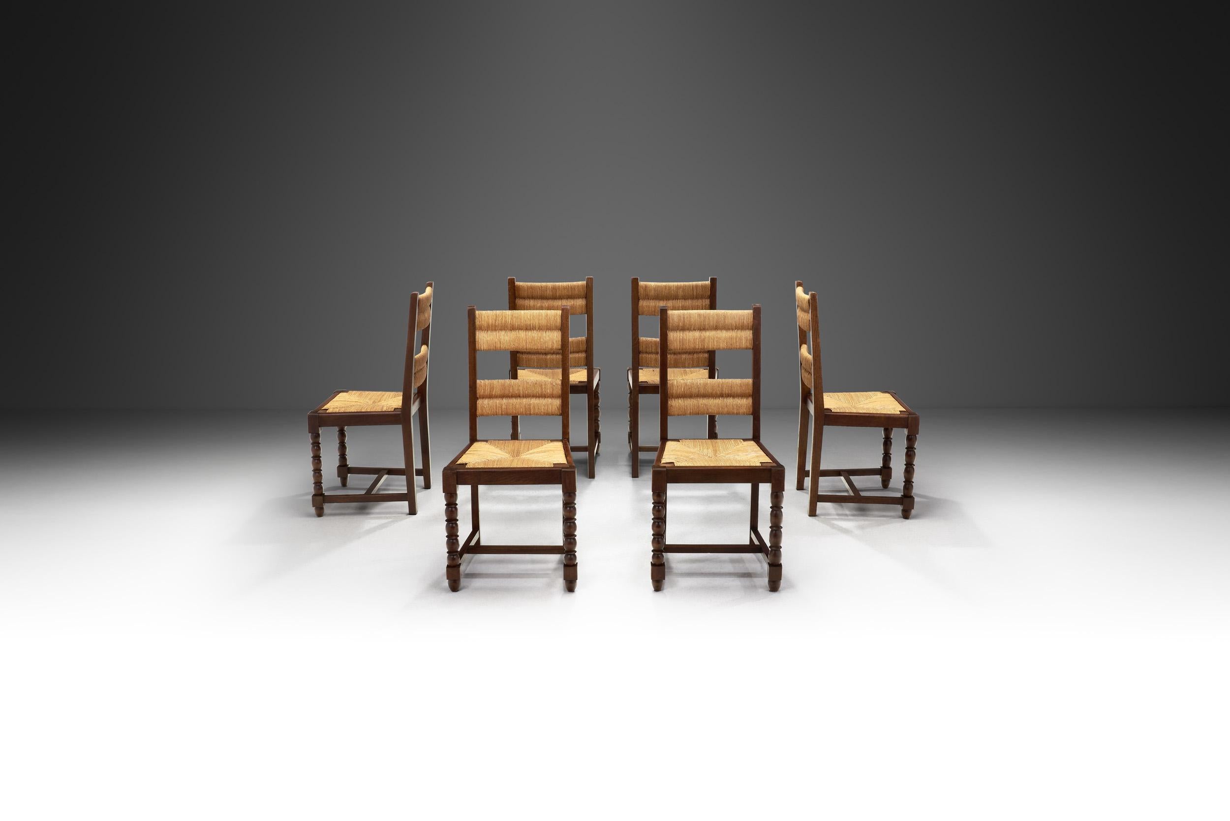 Mid-Century Modern A Set of Six Cane and Wood Chairs with Sculptural Legs, Europe ca 1940s For Sale