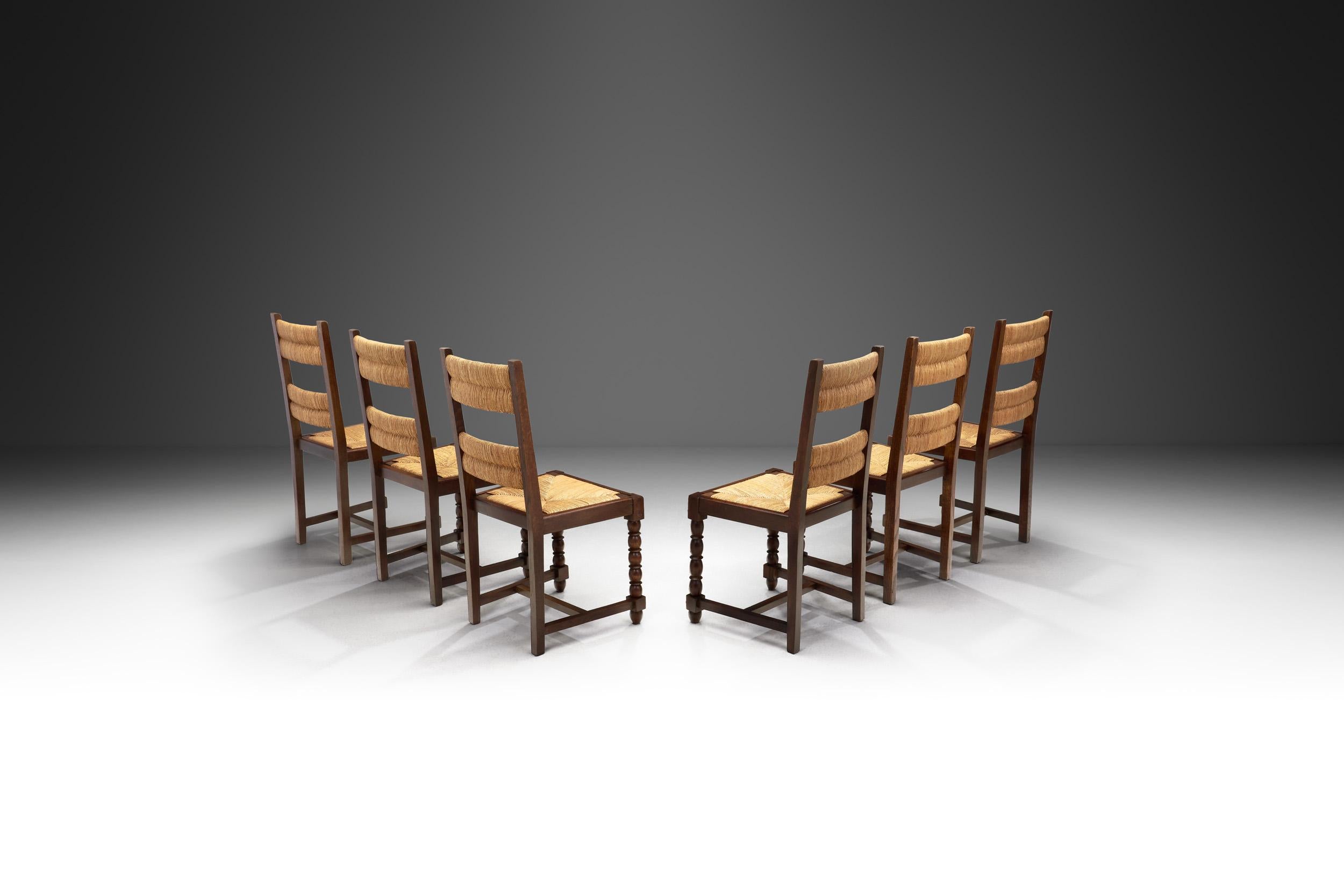 European A Set of Six Cane and Wood Chairs with Sculptural Legs, Europe ca 1940s For Sale