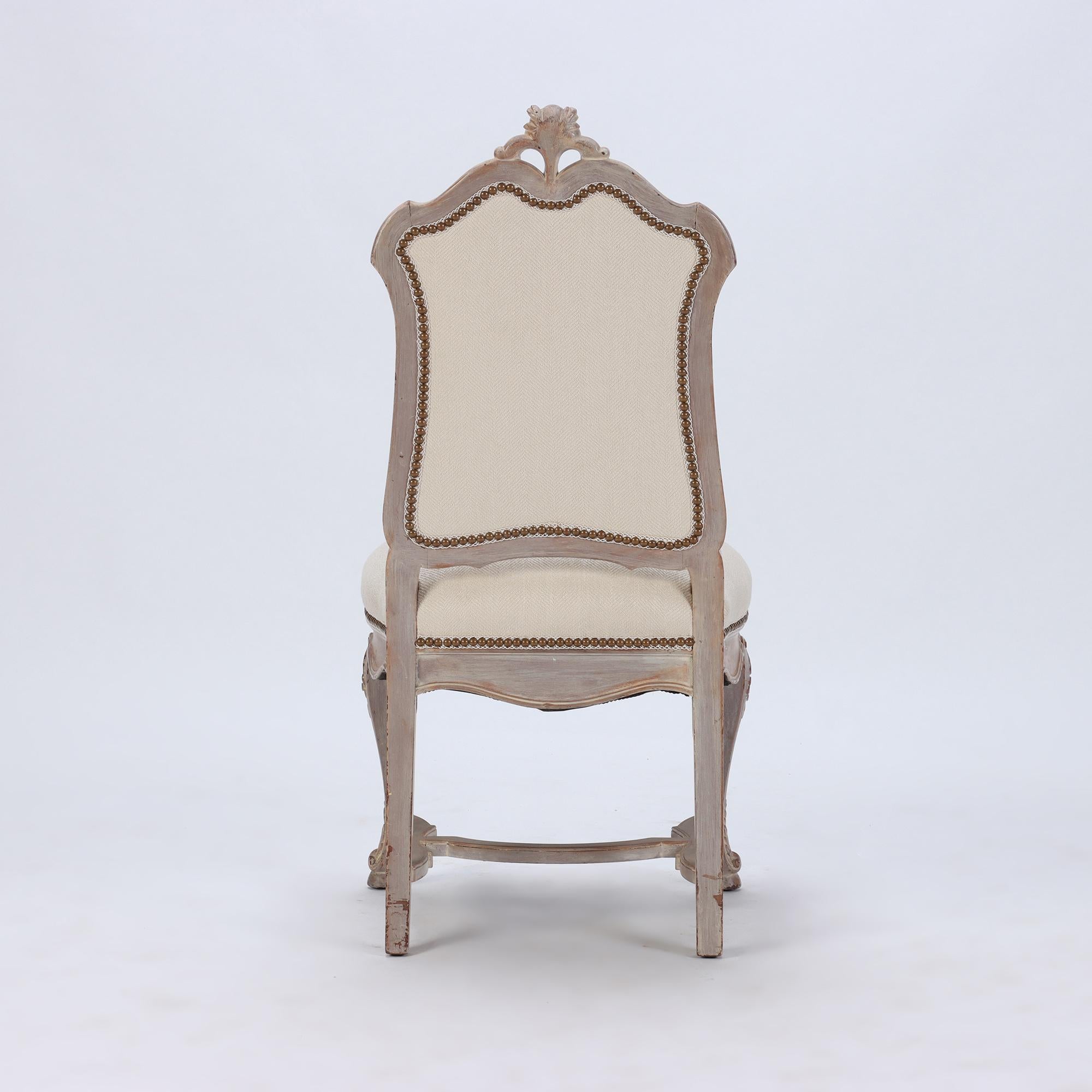 Early 20th Century Set of Six Carved and Painted Regency Style Upholstered Dining Chairs, C 1920