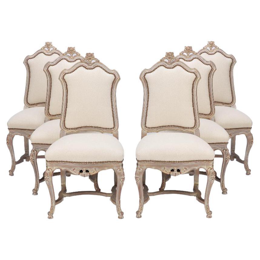 Set of Six Carved and Painted Regency Style Upholstered Dining Chairs, C 1920