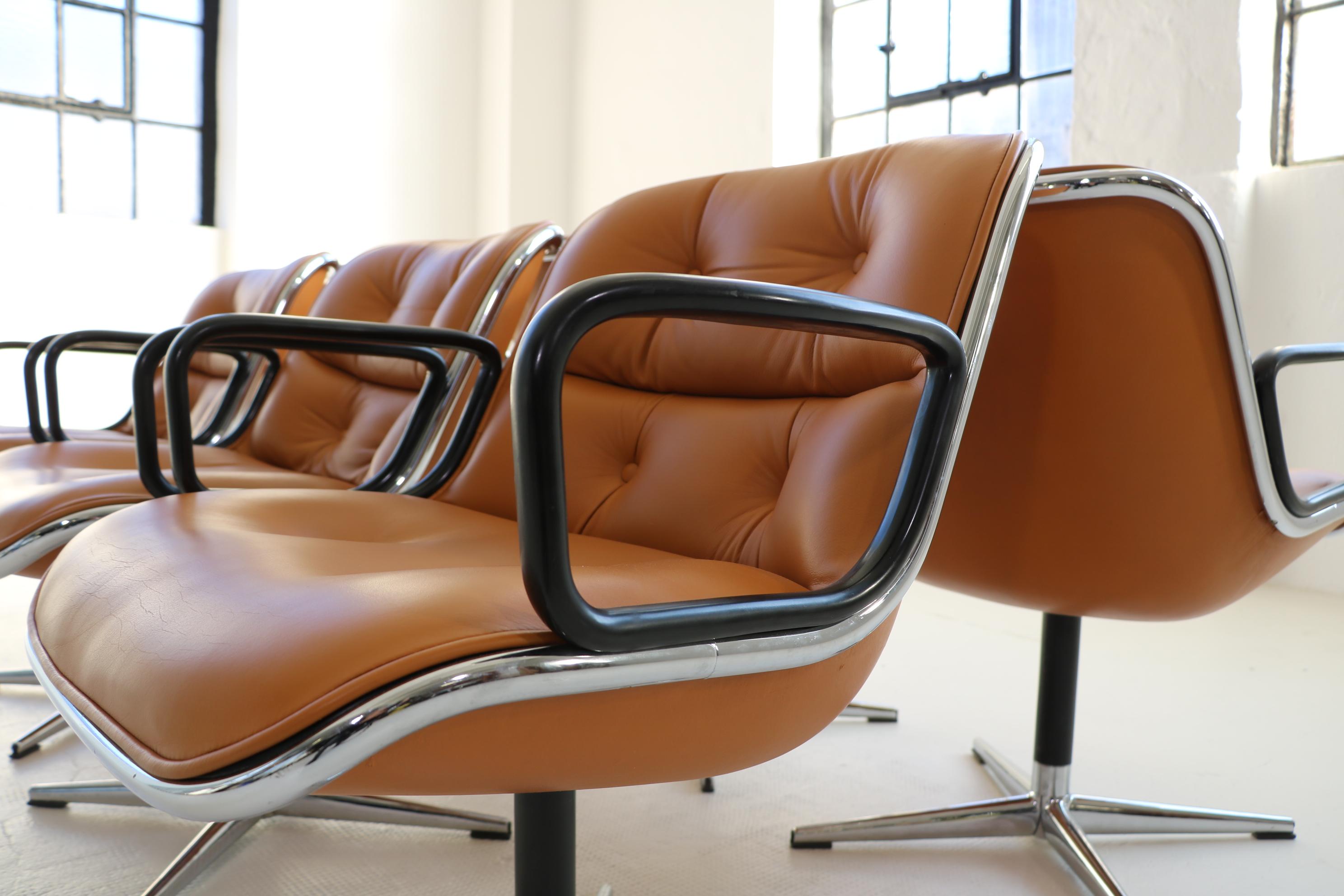 A set of six Charles Pollock chairs in excellent vintage condition. 
This armchair was designed by the american designer Charles Pollock for the manufacturer Knoll International.
The special features of the armchairs are the leather-covered back and